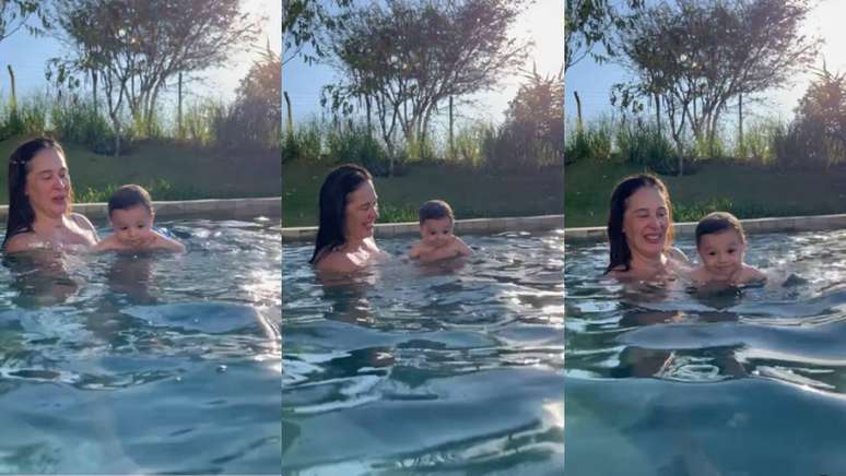 Claudia Raia shows a video of her youngest son, Luca, ‘swimming’ in a pool;  clock