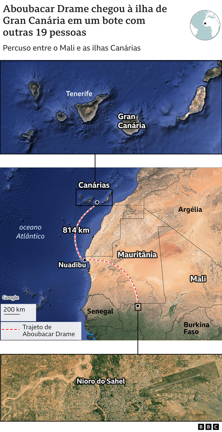 Mapa do trajeto de Aboubacar Drame até as ilhas Canárias