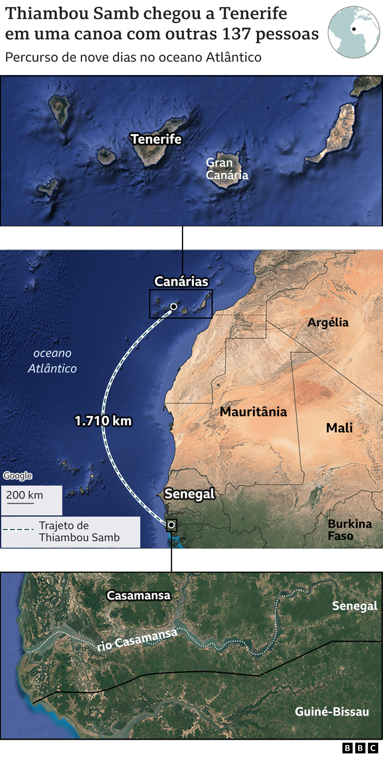 Mapa do trajeto de Thiambou Samb até as ilhas Canárias