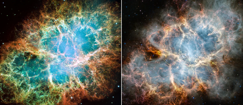 Comparação entre fotos da Nebulosa do Caranguejo feitas pelo teescópio Hubble (esquerda) e pelo James Webb (direita) (Imagem: Reprodução/NASA, ESA, J. Hester, A. Loll (Arizona State University); Webb Image: NASA, ESA, CSA, STScI, T. Temim (Princeton University)