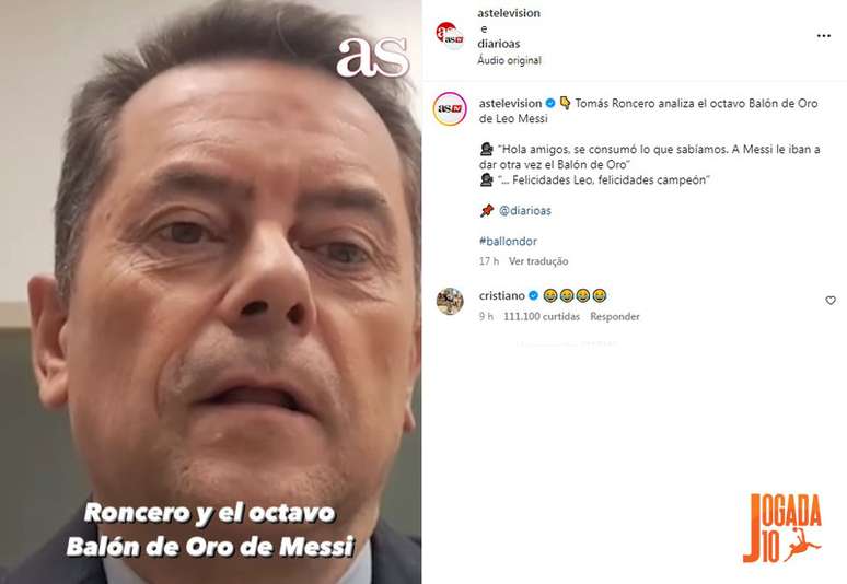 Cristiano Ronaldo comentou com emoji de risada em publica&ccedil;&atilde;o ligada a Messi &ndash;