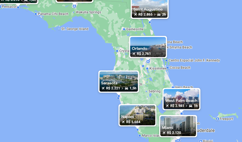 Mapa do Google Flights compara preços de alguns destinos na América do Norte