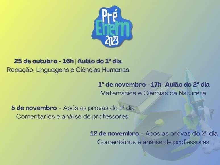 Quadro informativo das lives do PrÃ©-Enem 2023 do Brasil Escola e EstÃ¡cio