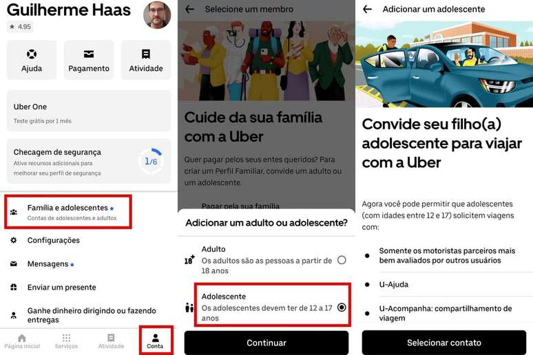 Como adicionar um adolescente ao Perfil Familiar no Uber (Imagem: Captura de tela/Guilherme Haas/Canaltech)