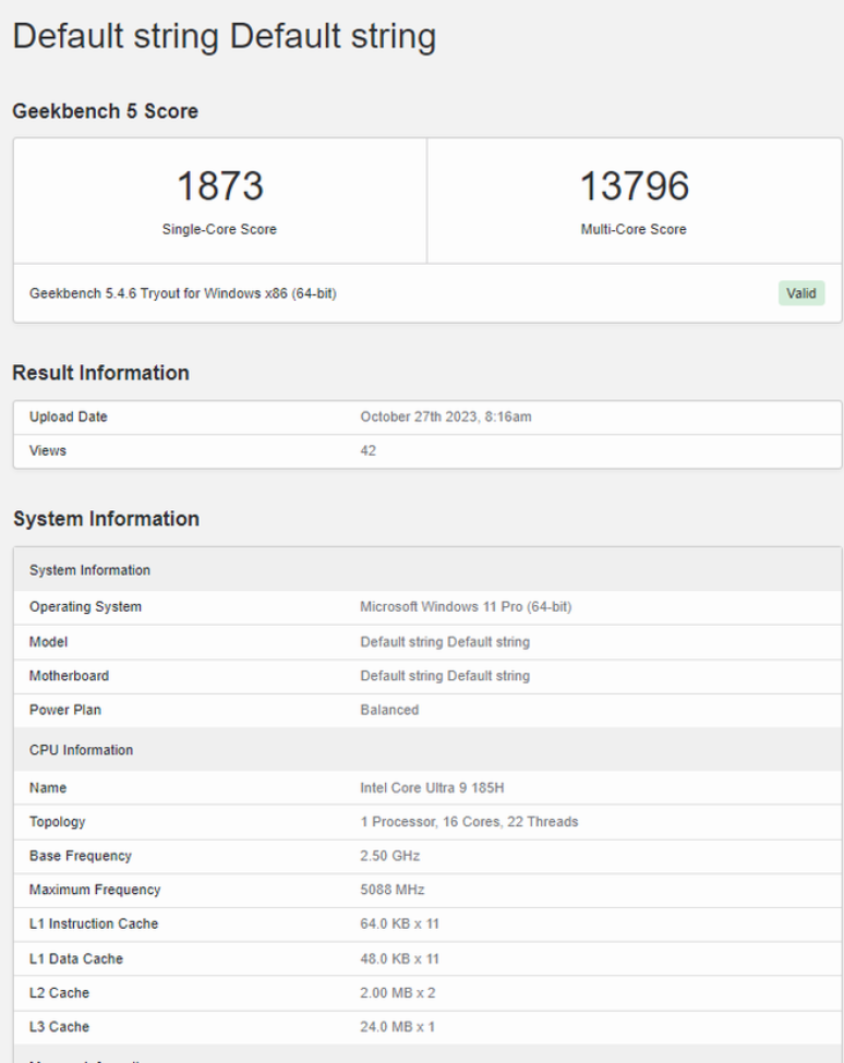 Notebook utilizado nos testes do Core Ultra 9 185H tinha 64 GB de RAM DDR5 (Imagem: Captura de tela/Felipe Vidal/Canaltech)