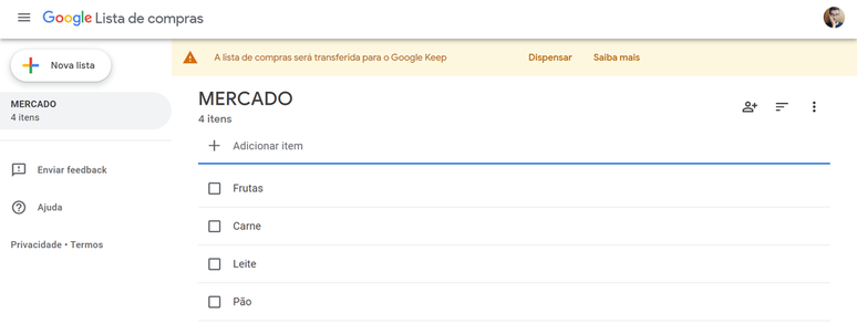 Se puede acceder al widget de lista de compras del Asistente de Google a través de la web (Imagen: Captura de pantalla/Guilherme Haas/Canaltech)