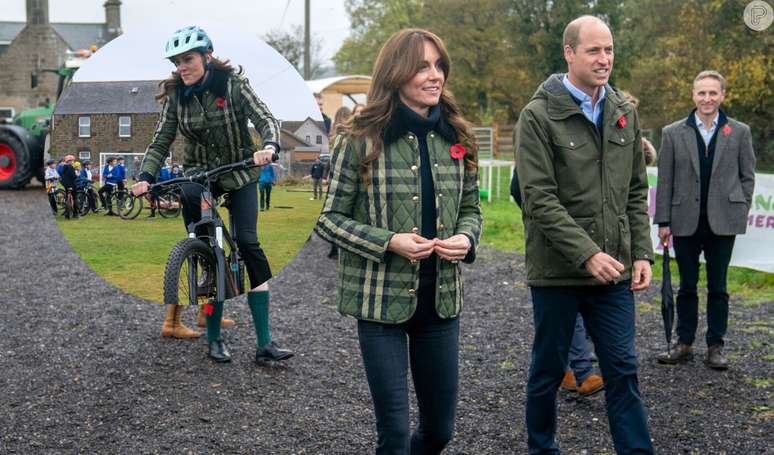 Kate Middleton aposta em look combinando com Príncipe William e surpreende com habilidade em bicicleta.