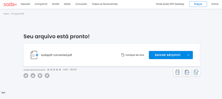 O Soda PDF é capaz de converter TXT em PDF em questão de segundos (Imagem: Captura de tela/Fabrício Calixto/Canaltech)