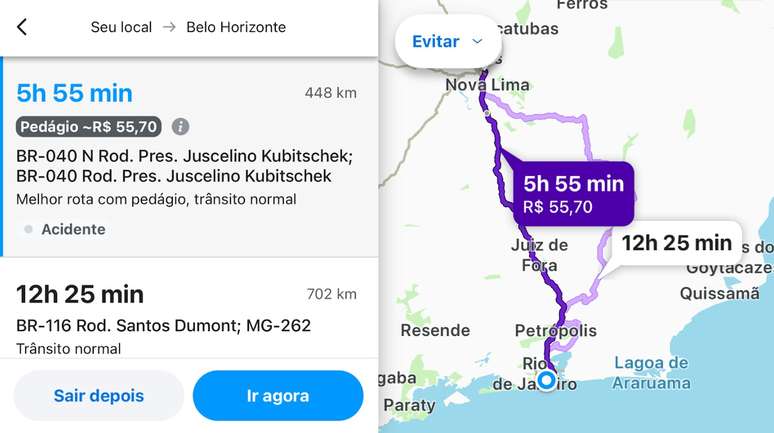 Em alguns apps &eacute; poss&iacute;vel visualizar o pre&ccedil;o total de ped&aacute;gios pelo caminho