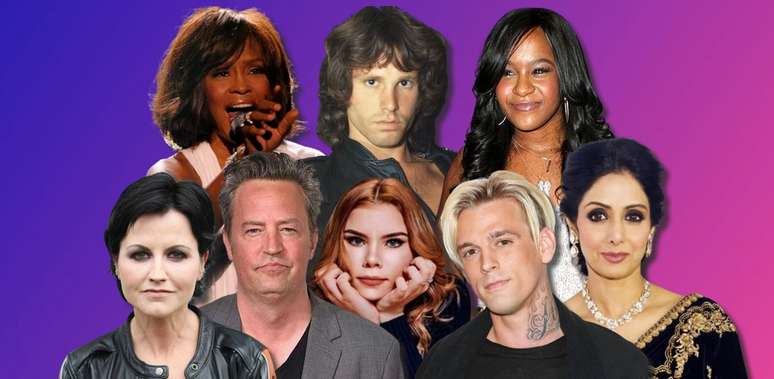 Acima, Whitney Houston, Jim Morrison e Bobbi Kristina; abaixo, Dolores O’Riordan, Matthew Perry, Irina Rybnikova, Aarcon Carter e Sridevi Kapoor: tragédias em banheiras