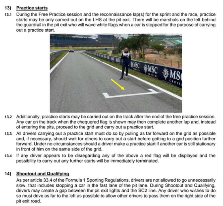 Extrato do Race Notes do Diretor de Prova às equipes. O item 14 trata especificamente dos treinos e da saída do box