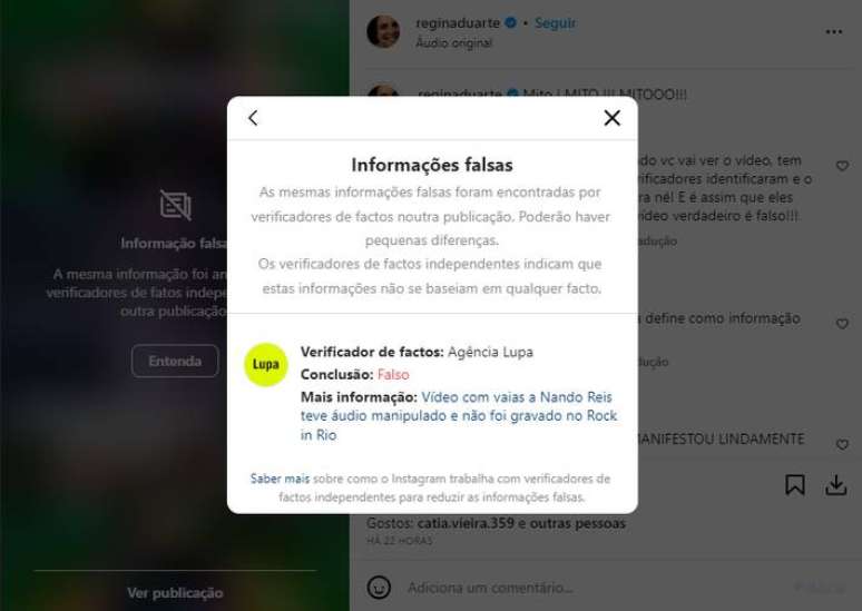 Regina Duarte posts a video with fake boos towards Nando Reis and Instagram identifies it as fake news