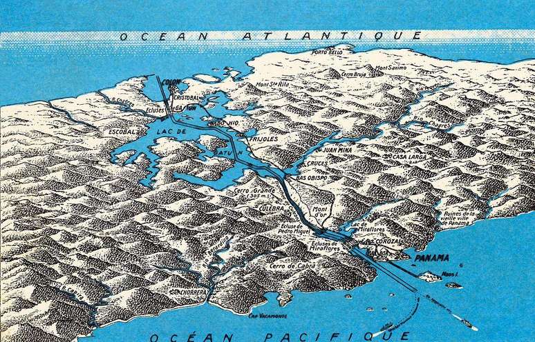 Mapa do Canal do Panamá, construído entre 1881 e 1914 no istmo do Panamá