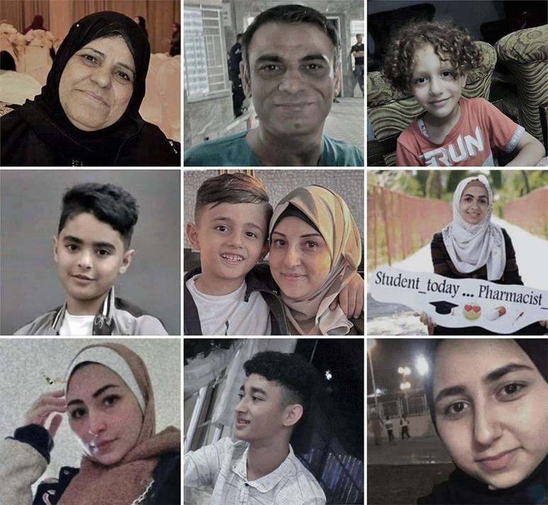 Montagem com fotos de palestinos mortos nos bombardeios em Gaza
