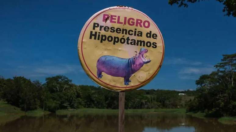 Um aviso em espanhol sobre hipopótamos na Colômbia