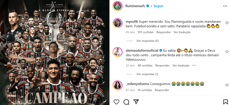 Publicação oficial do Fluminense no Instagram sobre o título da libertadores de 2023. 