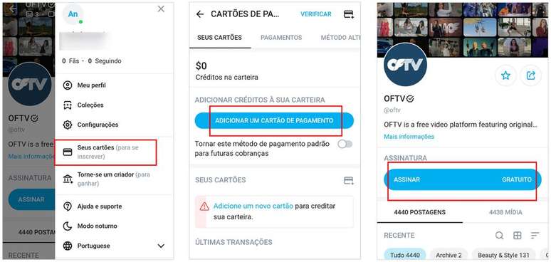 Insira um método de pagamento para assinar canais (Imagem: Captura de tela/André Magalhães/Canaltech)