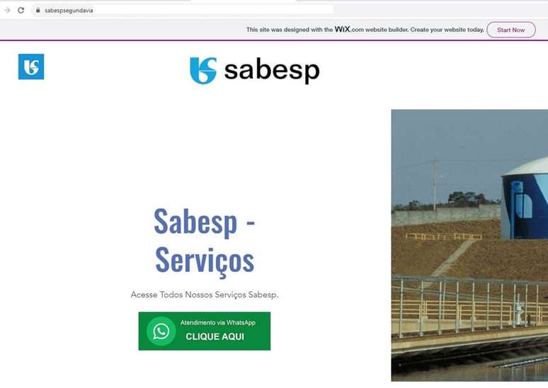 Página falsa imitando o site da Sabesp 