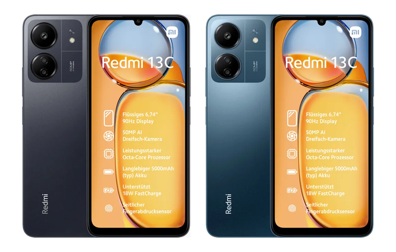 Redmi 13C é detalhado em vazamento nas cores Preto e Azul escuro com visual simples, tela grande e bateria generosa (Imagem: Reprodução/Appuals)