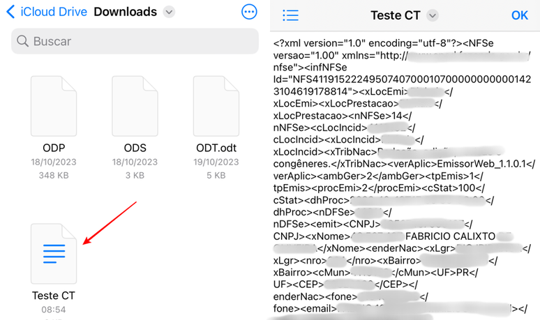 O próprio aplicativo Arquivos do iOS é capaz de abrir arquivos XML (Imagem: Captura de tela/Fabrício Calixto/Canaltech)