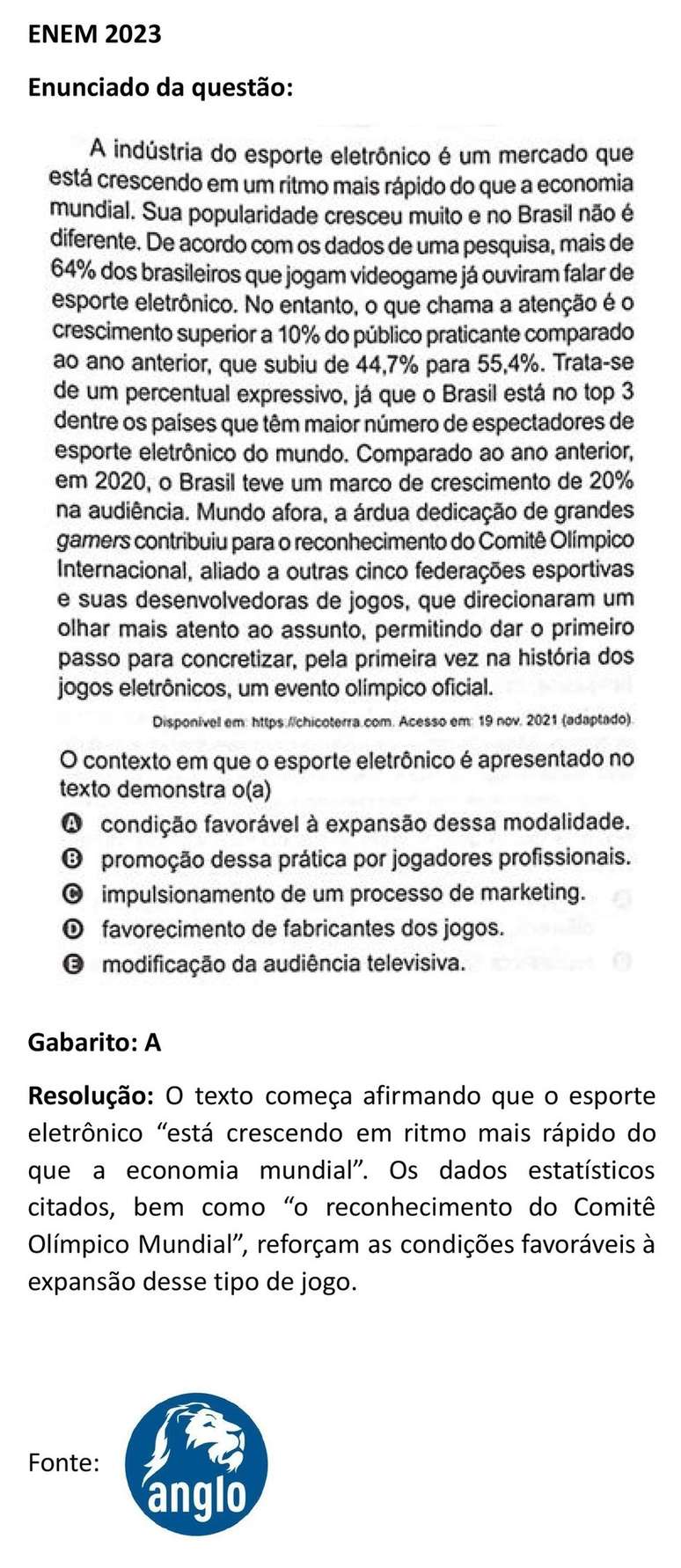Corre&ccedil;&atilde;o comentada pelo Anglo em quest&atilde;o sobre esports no Enem 2023.
