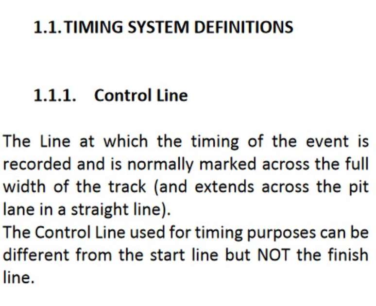 Extrato das Diretrizes de Cronometragem da FIA que fala sobre a Linha de Controle