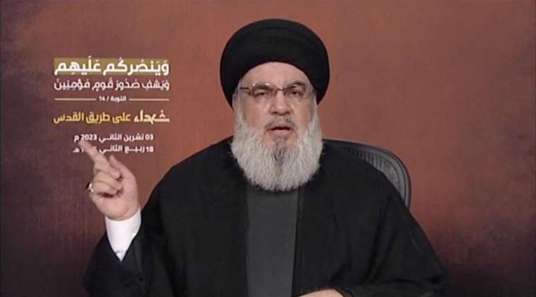 Líder do Hezbollah, Sayyed Hassan Nasrallah, durante discurso