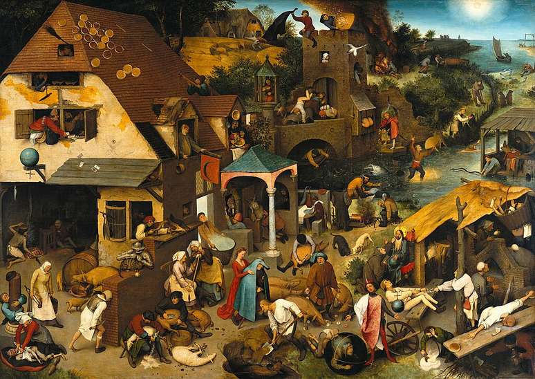 Pieter Bruegel, Prov&eacute;rbios Neerlandeses (1559). (Fonte: WikimediaCommons/Reprodu&ccedil;&atilde;o)