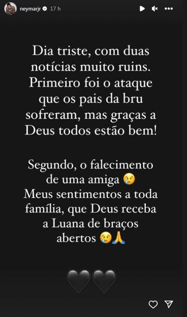 Neymar comenta assalto &agrave; casa de Bruna Biancardi em Cotia, em S&atilde;o Paulo.