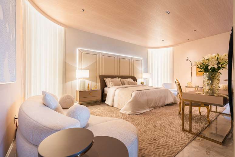 The sophisticated loft features a bathroom with animal print walls and curved walls