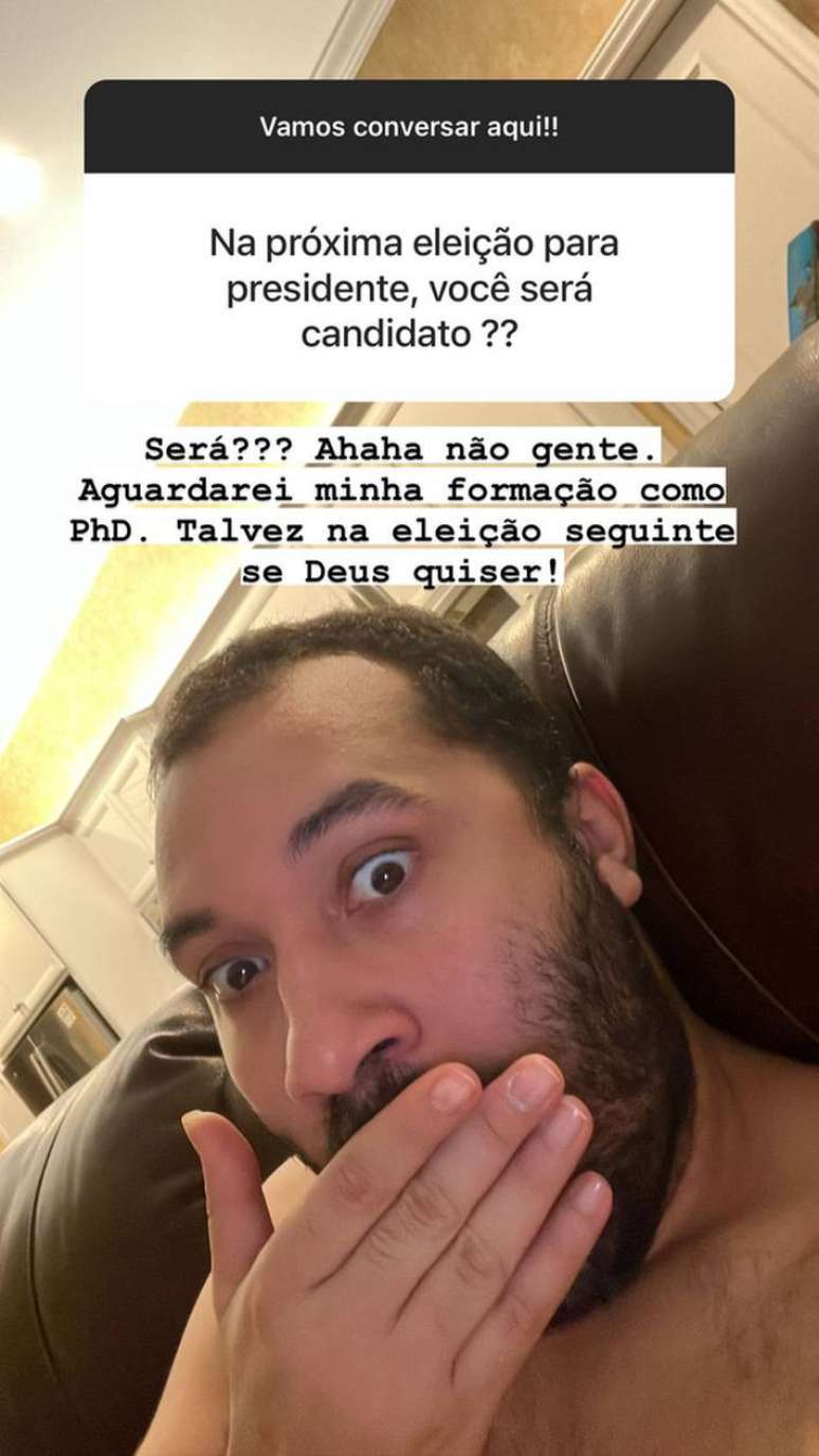 Em stories no seu Instagram, o ex-BBB Gil do Vigor disse que pode se candidatar à presidência em breve