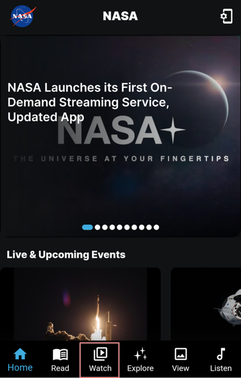 Toque na aba Watch para ter acesso ao conte&uacute;do do NASA Plus.