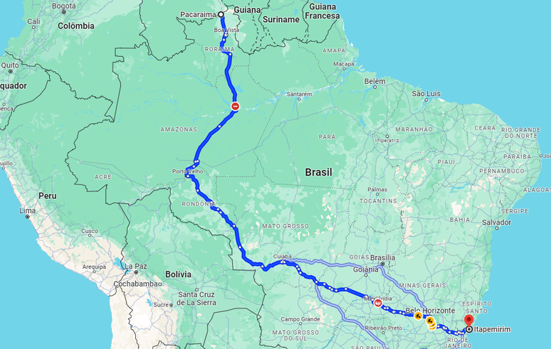 Mapa mostra caminho entre Itapemirim e Paracaima, na fronteira com a Venezuela