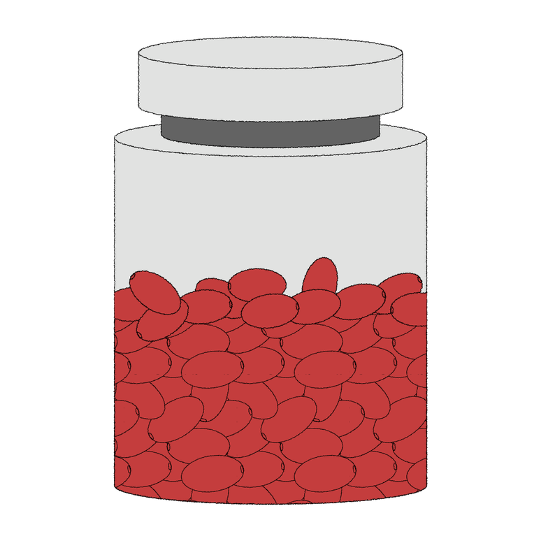 Ilustração de frasco repleto de cápsulas vermelhas