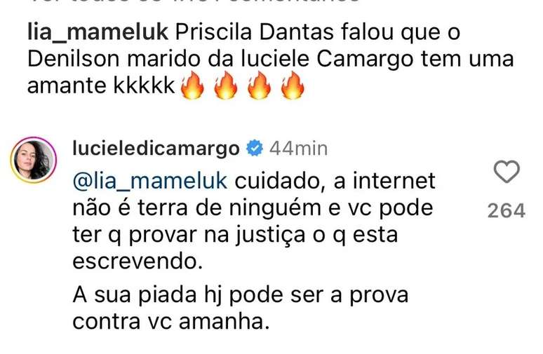 Zilu Camargo rebate comentário de seguidora: 'Você também usa