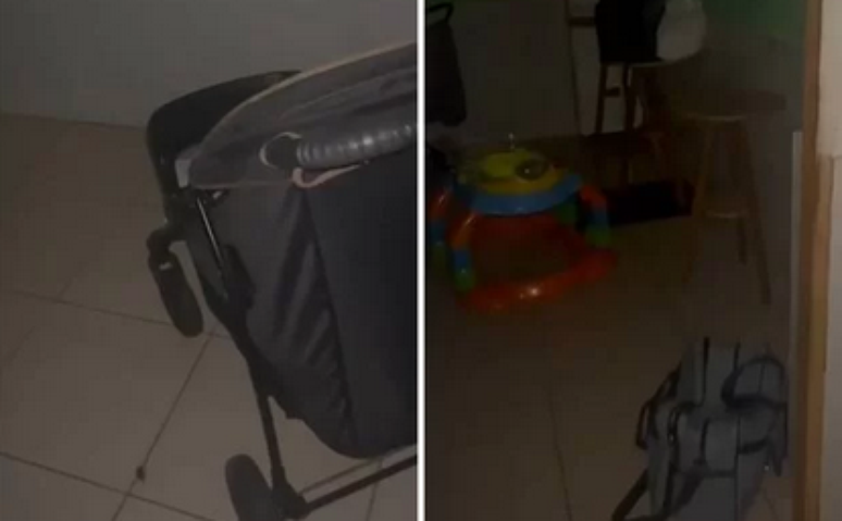 O bebê foi encontrado no carrinho, em uma sala com as luzes apagadas 