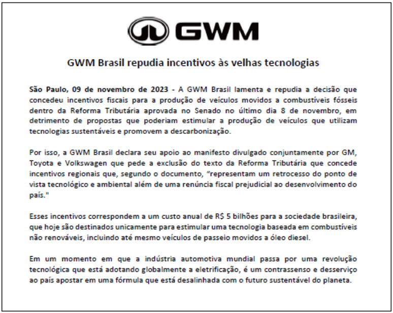 Nota de repúdio da chinesa GWM ao "benefício a velhas tecnologias"