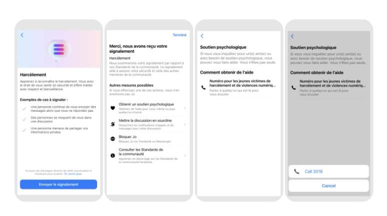 Botão funciona botão com chamada no Instagram e Messenger para adolescentes vítimas de assédio na França