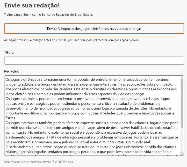 Página mostra campo em que estudante redige redação para enviar via Banco de Redações do Brasil Escola.
