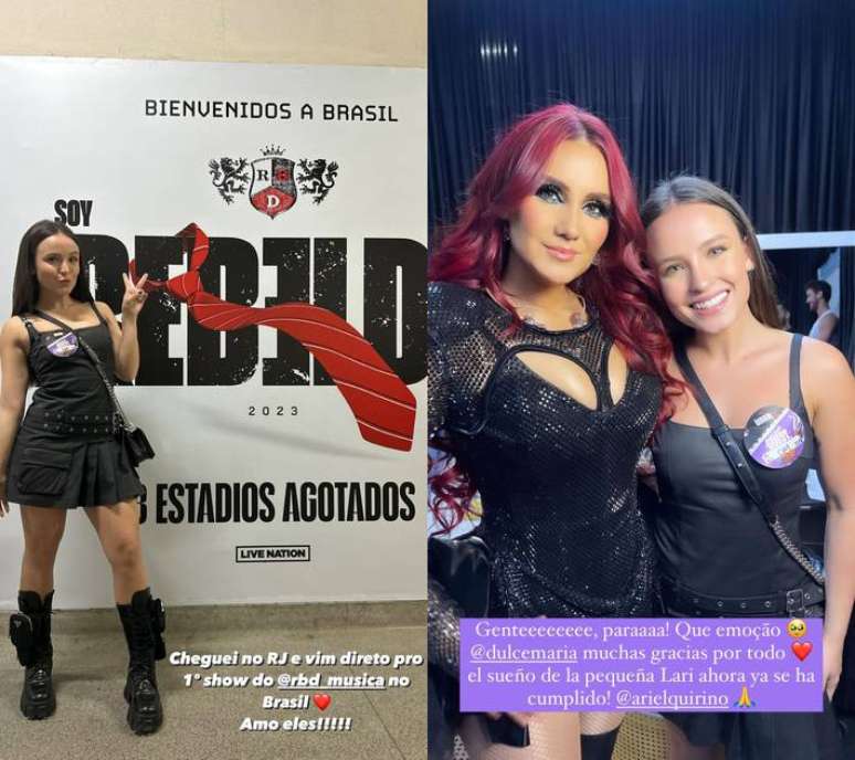 A atriz Larissa Manoela e a cantora do grupo RBD Dulce Maria nos bastidores do show de 9 de novembro no Engenhão, no Rio de Janeiro