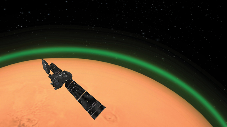 Representação da TGO detectando o brilho esverdeado do oxigênio na atmosfera de Marte (Imagem: Reprodução/ESA)