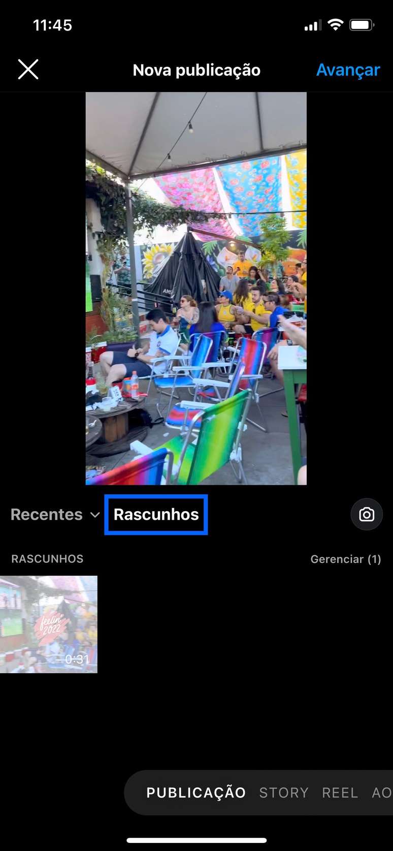 Rascunhos do Instagram na publica&ccedil;&atilde;o.