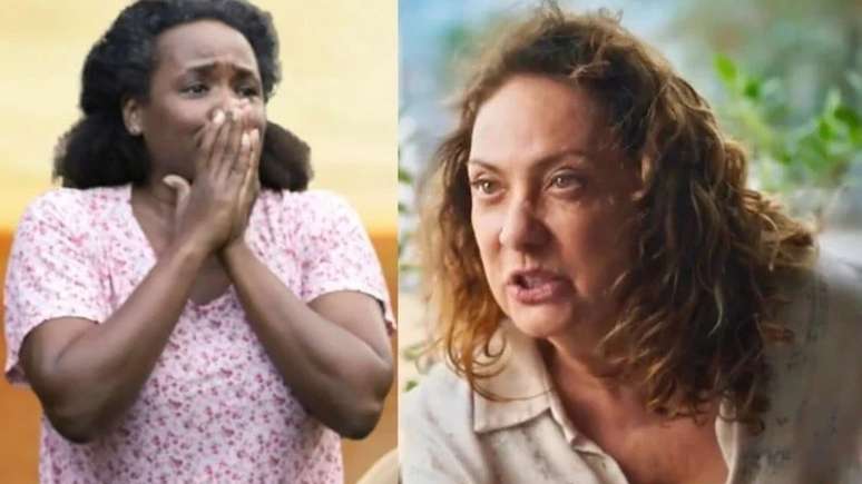 Jussara (Tatiana Tiburcio) e&nbsp;Agatha (Eliane Giardini) em 'Terra e Paix&atilde;o'. Reprodu&ccedil;&atilde;o/ Globo