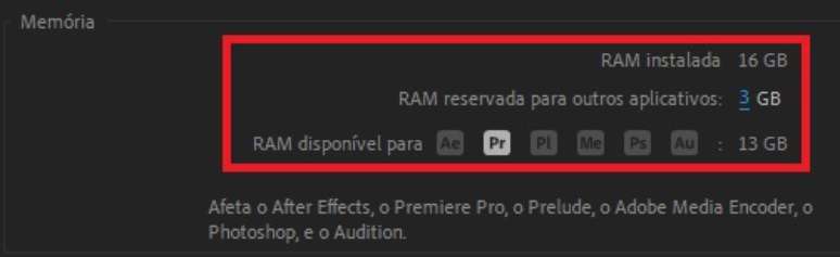 Voc&ecirc; pode escolher o quanto de mem&oacute;ria RAM quer dedicar para ser utilizada na execu&ccedil;&atilde;o do Adobe Premiere Pro