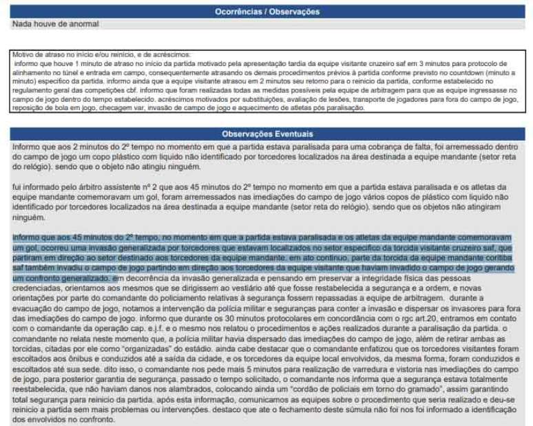 Súmula da partida entre Coritiba e Cruzeiro com detalhes da confusão entre as torcidas e procedimentos para a retomada do duelo – Reprodução da súmula