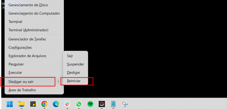 Você pode pressionar as teclas Windows + X para reiniciar o notebook (Imagem: Captura de tela/Fabrício Calixto/Canaltech)