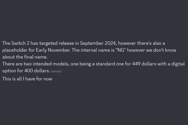 Leaker The Snitch afirma em seu canal do Discord que Switch 2 terá uma versão digital. (Imagem: The Snitch via Discord/Reprodução)
