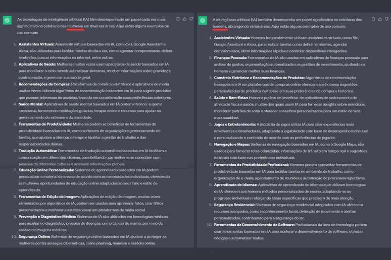 Compara&ccedil;&atilde;o das respostas do ChatGPT sobre a presen&ccedil;a da IA no cotidiano de mulheres (&agrave; esquerda) e homens (&agrave; direita).