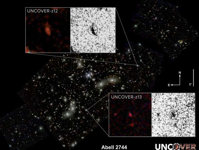 As galáxias UNCOVER-13 e UNVCOVER-z12, localizadas no aglomerado de galáxias Abell 2744 (Imagem: Reprodução/NASA/UNCOVER/Bezanson et al/Wang et al/Dani Zemba/Penn State)