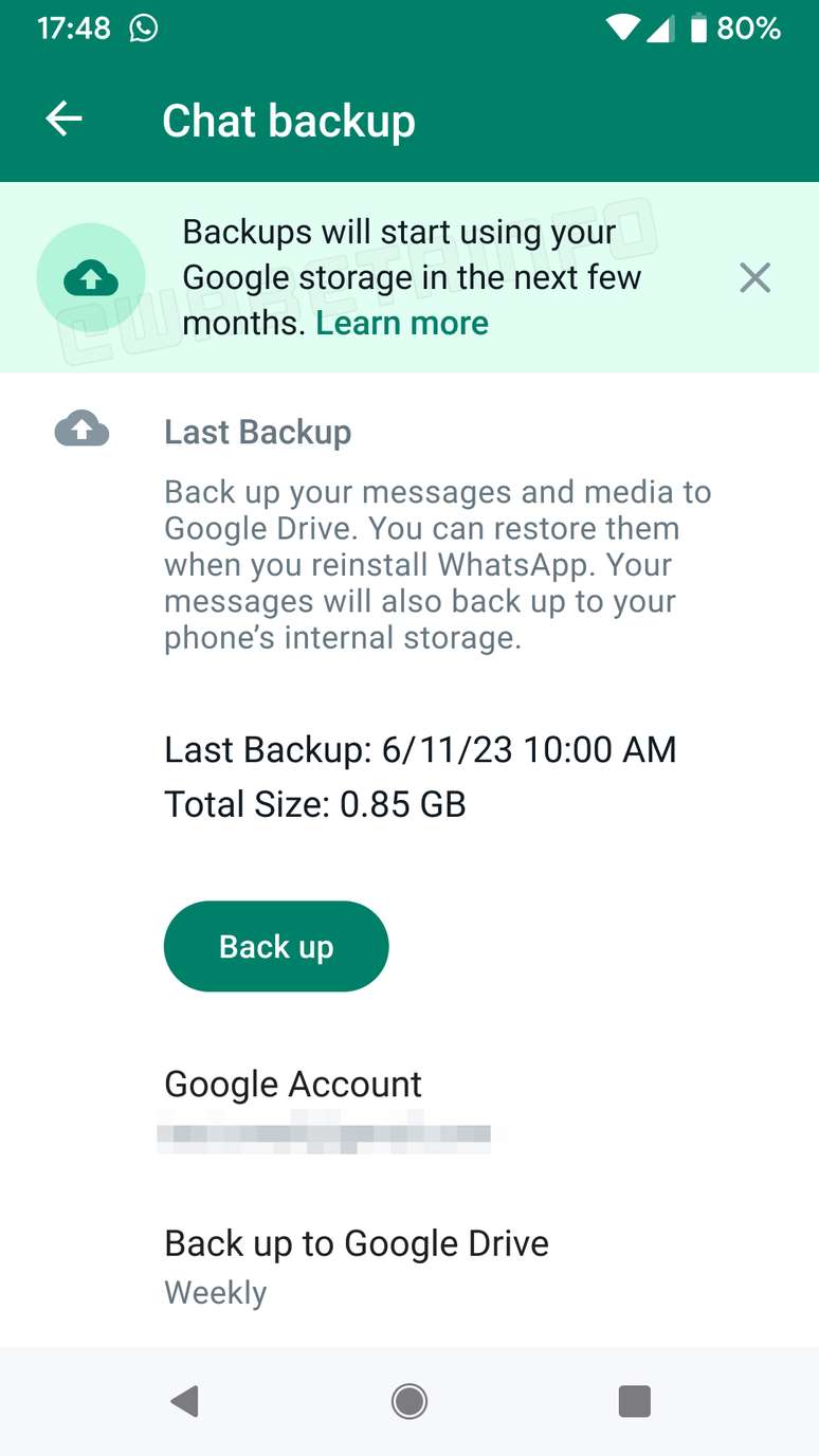 O backup do WhatsApp vai passar a ocupar o armazenamento da sua conta Google.